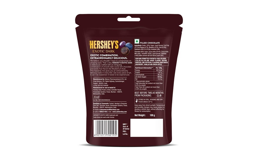 Hershey's Exotic Dark Blueberry & Acai Flavored Center Chocolate   Pack  100 grams
